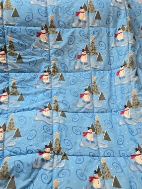 Field And Dreams Vintage, Holiday Snowman Quilted Twin Comforter. Blanket - Blue